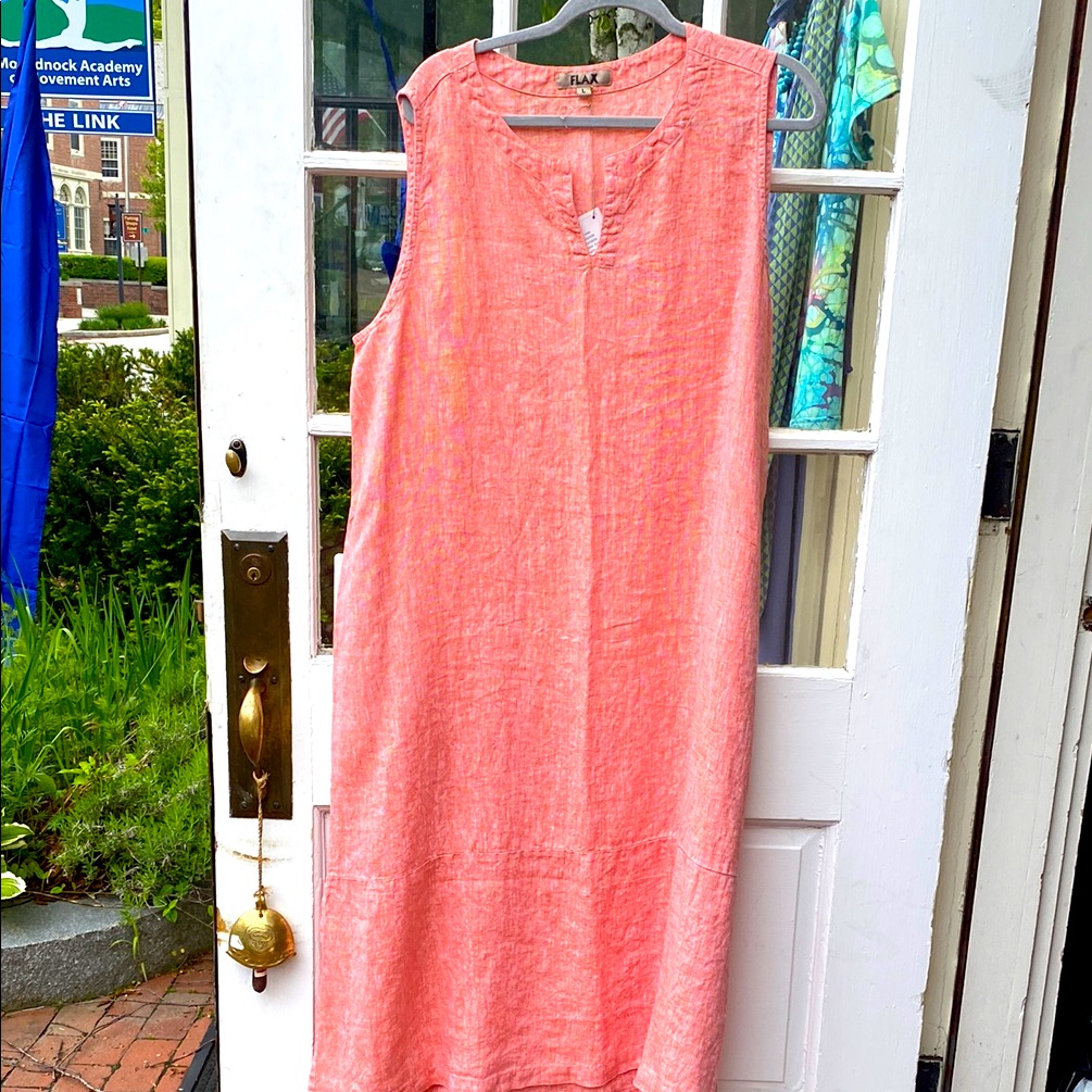 Flax Orange And White Sleeveless Linen Dress